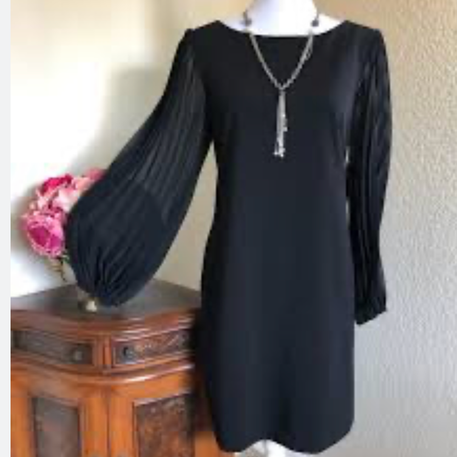 Stunning White House Black Market Chiffon Sleeved Black Sheath Dress Size 8, Med